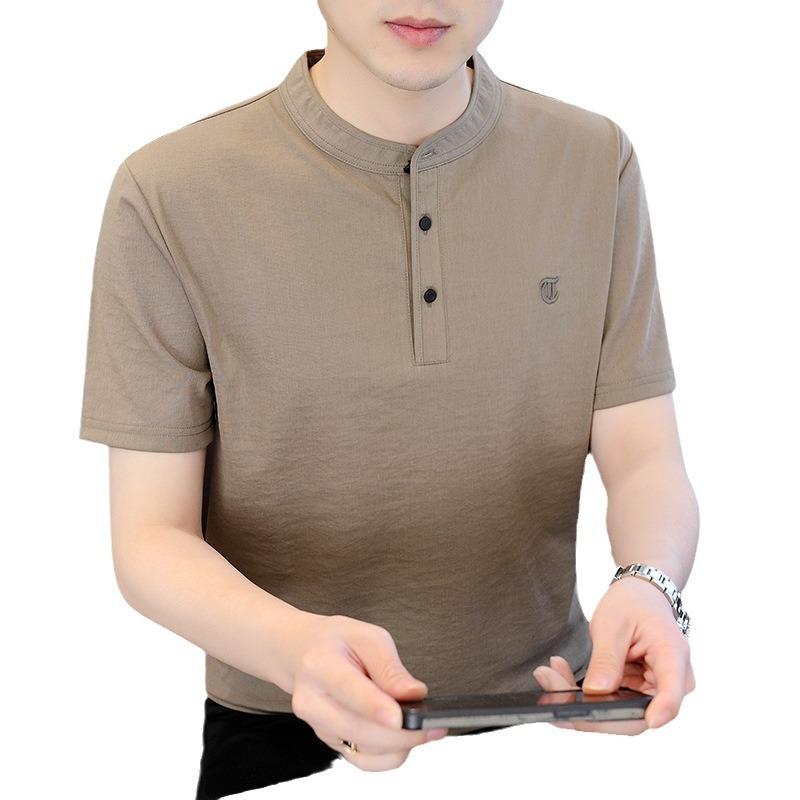 Man Fashion Solid Color Cotton Linen Short Sleeved T-Shirt For Men's Summer New Half Open Front Versatile Top