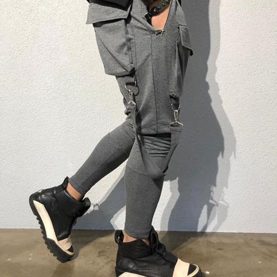 Elastic Waistline Strap Tassel Multi Pockets Cargo Pants Male Solid Color Mid-rise