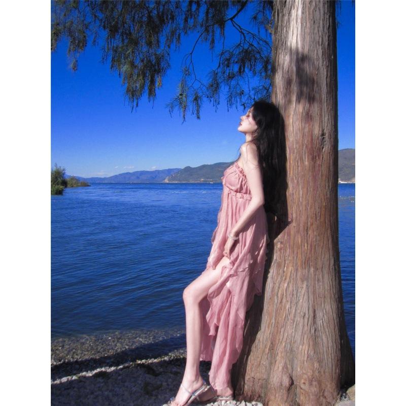 Pink Resort Backless Suspender Dress, Exquisite Fairy Beach Dress for Seaside Photos