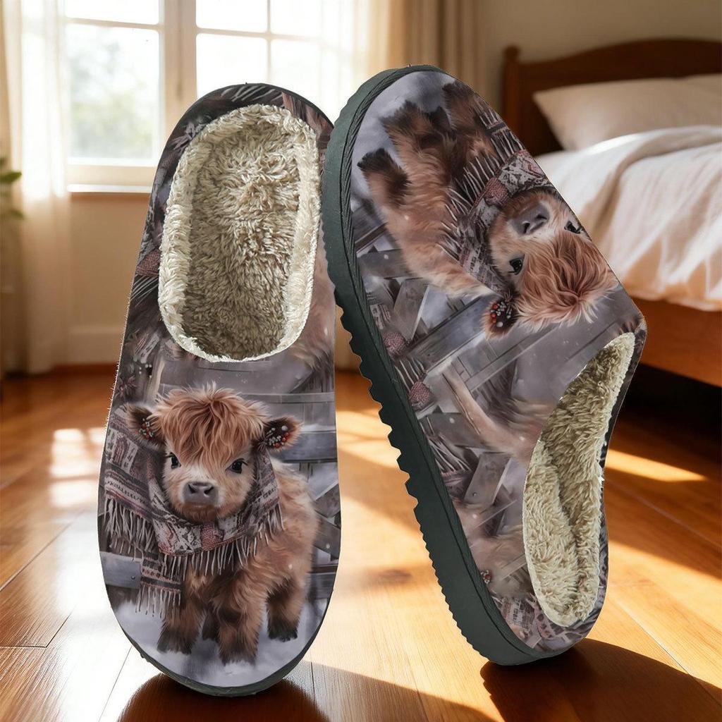 Highland Cow Print Cotton Slippers for Men & Women, Warm & Cozy for Autumn & Winter, Perfect for Couples at Home