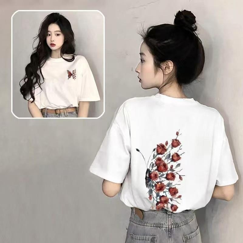 Women Rose Print T-Shirt Casual Short Sleeve Tee