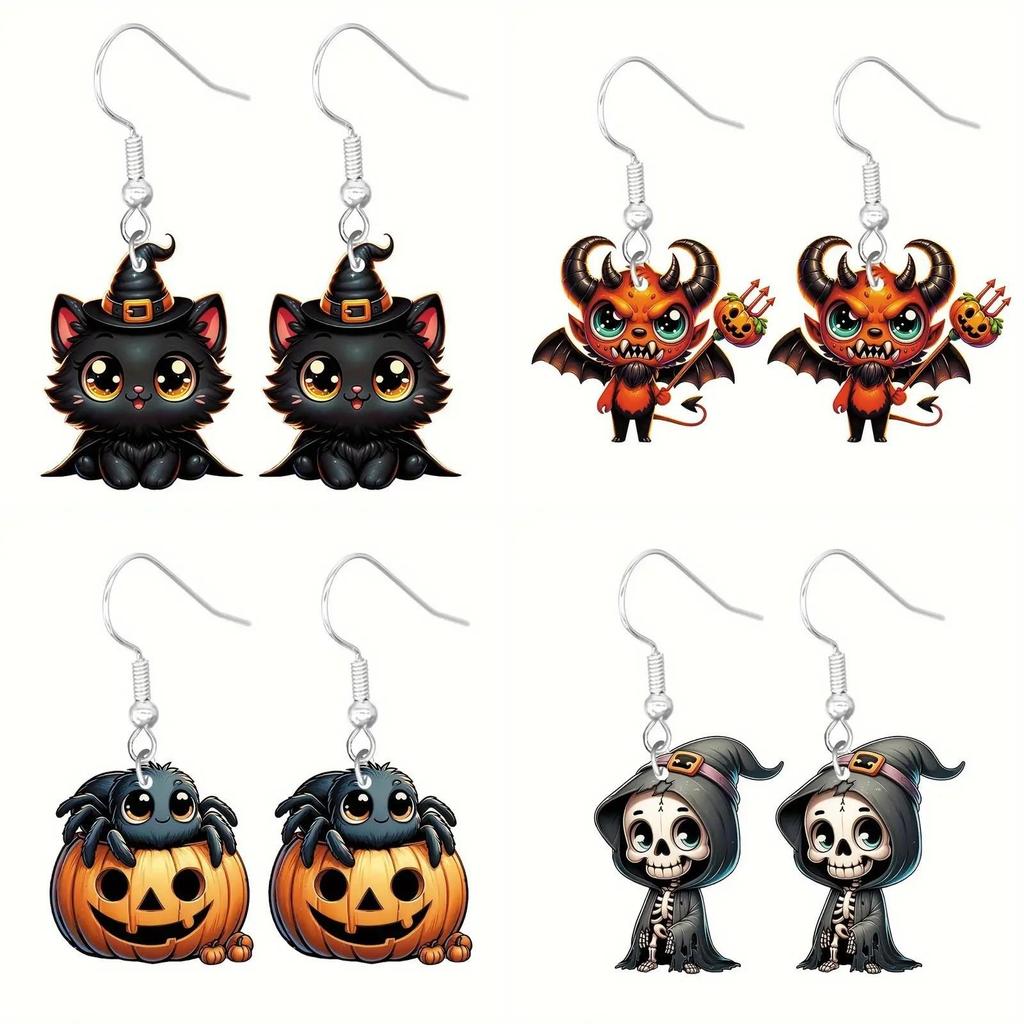 Halloween Themed Earrings Featuring Each Cat Demon Pumpkin And Skull Pattern For Festive Look