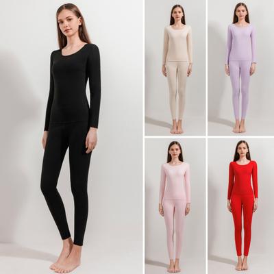 2 Pcs/Set Winter Women Thermal Underwear Set Round Neck Seamless Long Sleeve Warm Thick Double-sided Plush Slim Fit Elastic Lady Pajamas Set