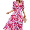Spot Spring and Autumn New Women's Fashion V-Neck Long Sleeve Bohemian Print Dress