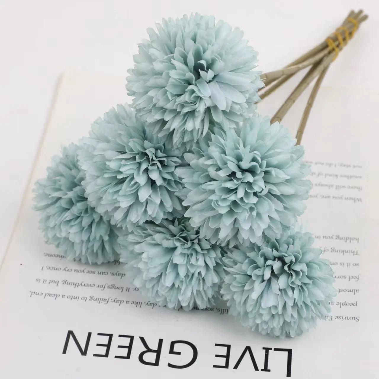 

6Pcs Artificial Chrysanthemum Ball Flowers Fake Dandelion Pompoms for Home Wedding Party Decoration синий