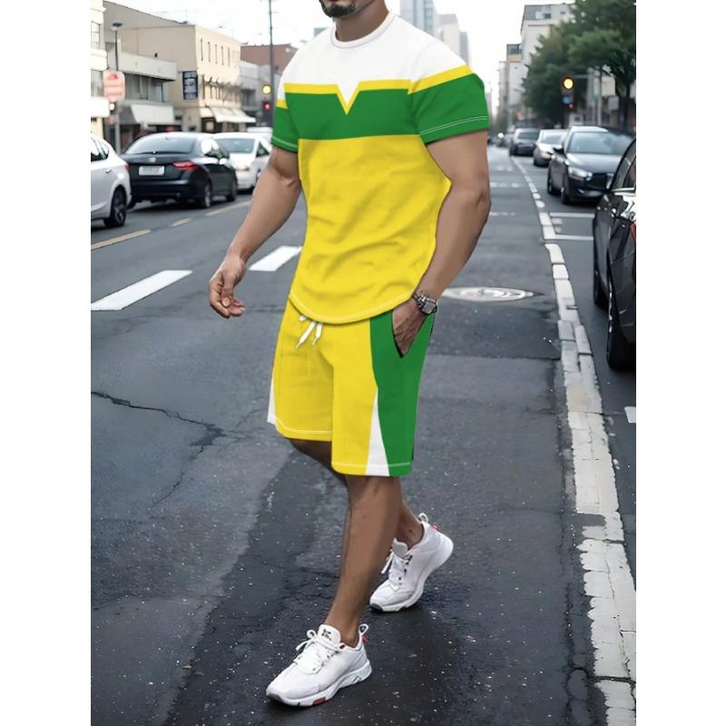 Casual Stripe Printed T-shirt Shorts Set Large Size Loose Men's Short Sleeve Tee Elastic Waist Shorts 2-piece Set Sports Clothes