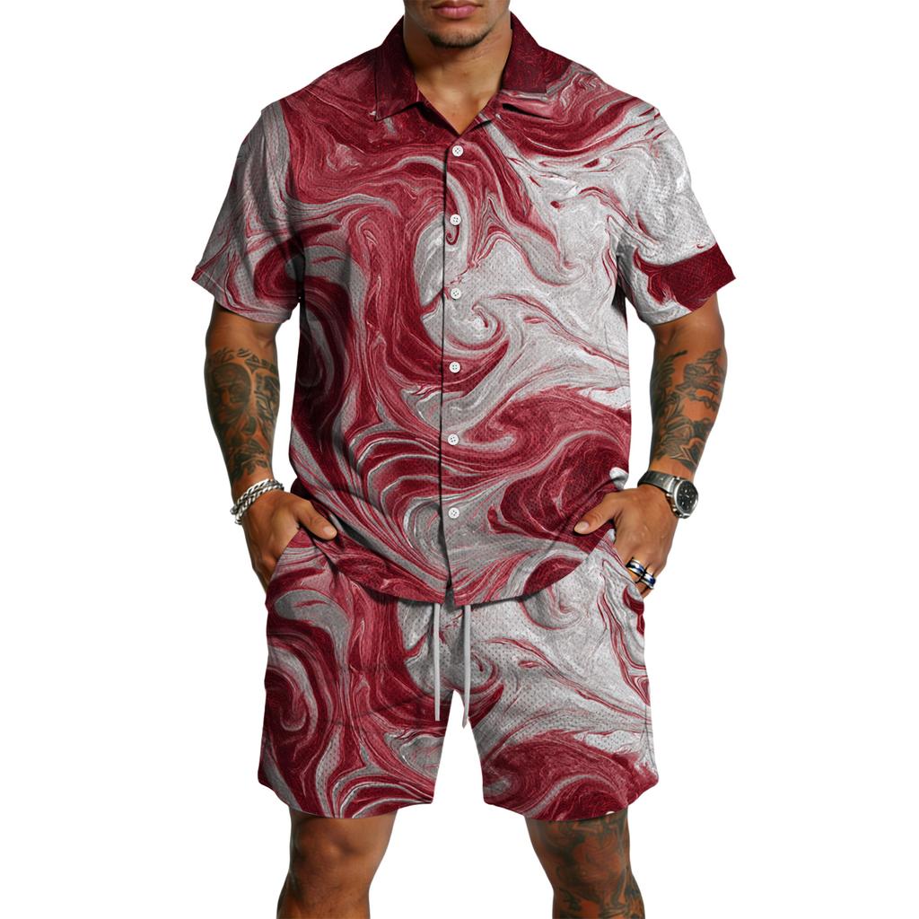Men’s Short Sleeve Button Down Shirt and Shorts Set Abstract Swirl Print Lightweight Two Piece Outfit for Summer Beachwear