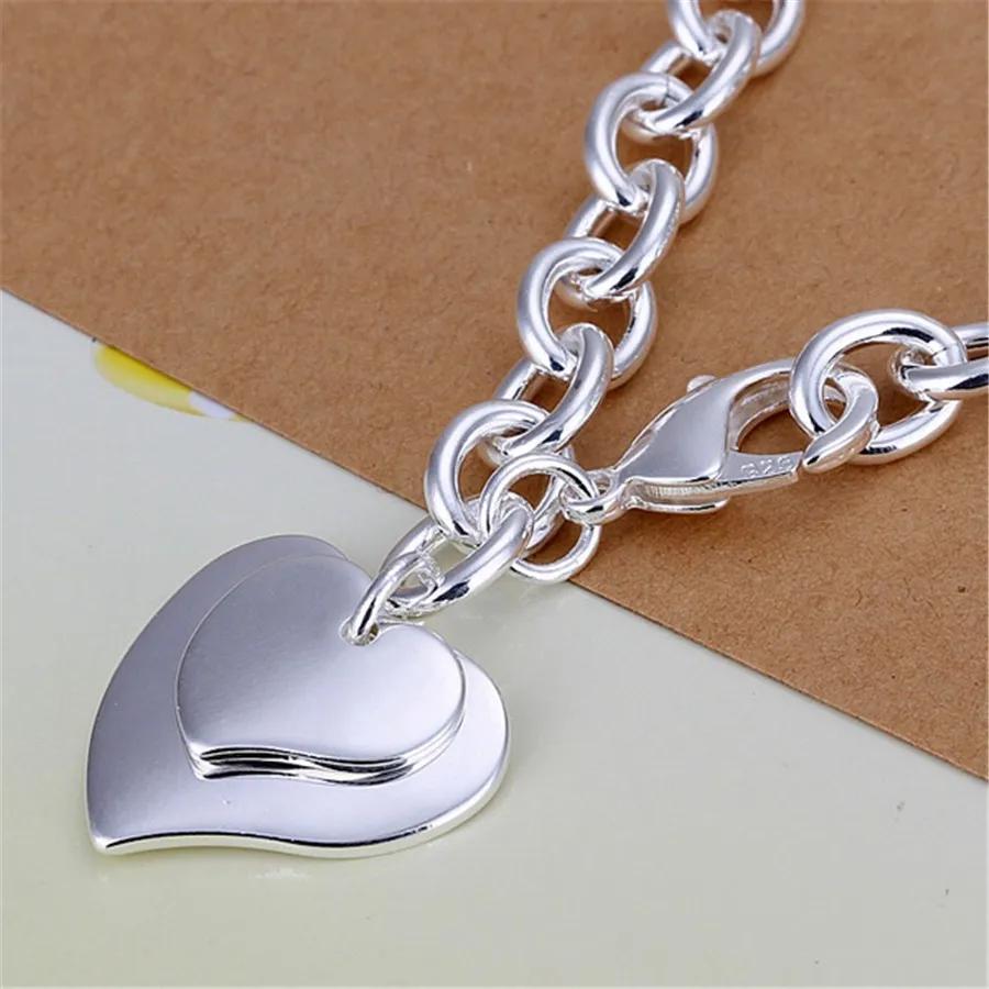 925 Silver Exquisite Double Heart Pendant Bracelets Charms Wedding High Quality Fashion Jewelry Christmas Gifts