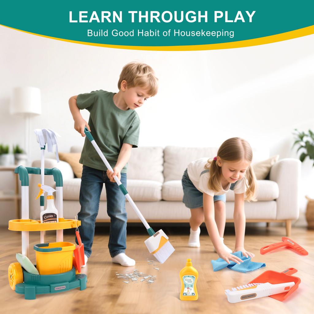 12 pièces/ensemble Ensemble de nettoyage pour enfants Jouets de nettoyage de la vie simulée avec chariot Jouet de jeu de rôle Jouet de maison de jeu d'hygiène et de nettoyage Garçons et Filles