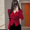 French Red Bubble Sleeve Knit Top - 2025 Autumn/Winter Slim Fit Women's Base Layer