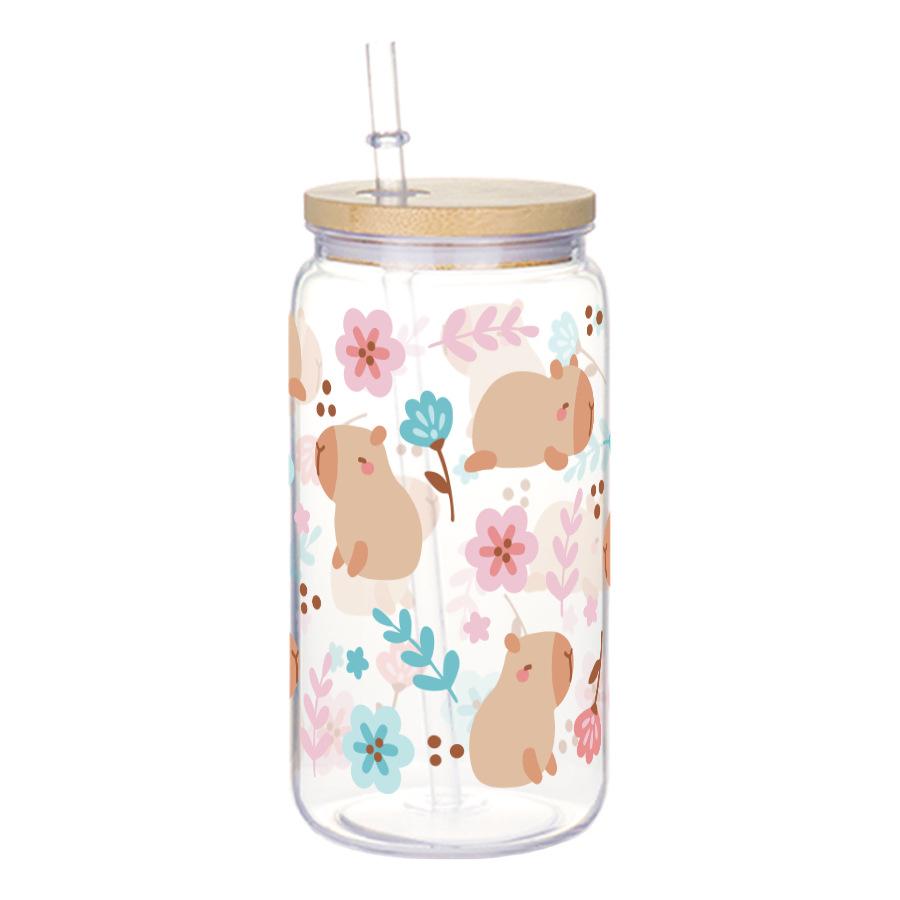 16oz Reusable Plastic Cup with Straw Lid Cute Bow Cherry Water Bottle Iced Coffee Juice Milk Mason Cups Drinkware Holiday Gifts