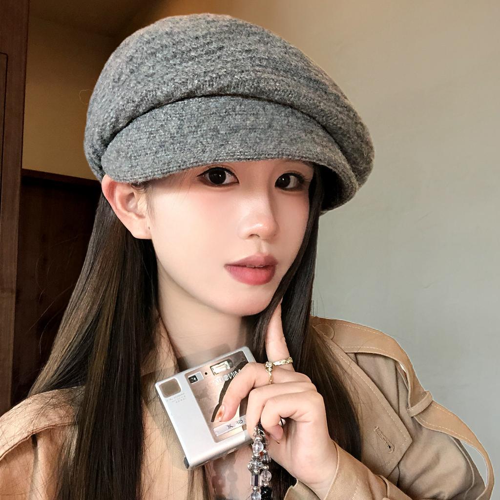 Wool knitted short-brimmed beret women's autumn and winter fashion warm big head circumference pile hat painter newsboy hat