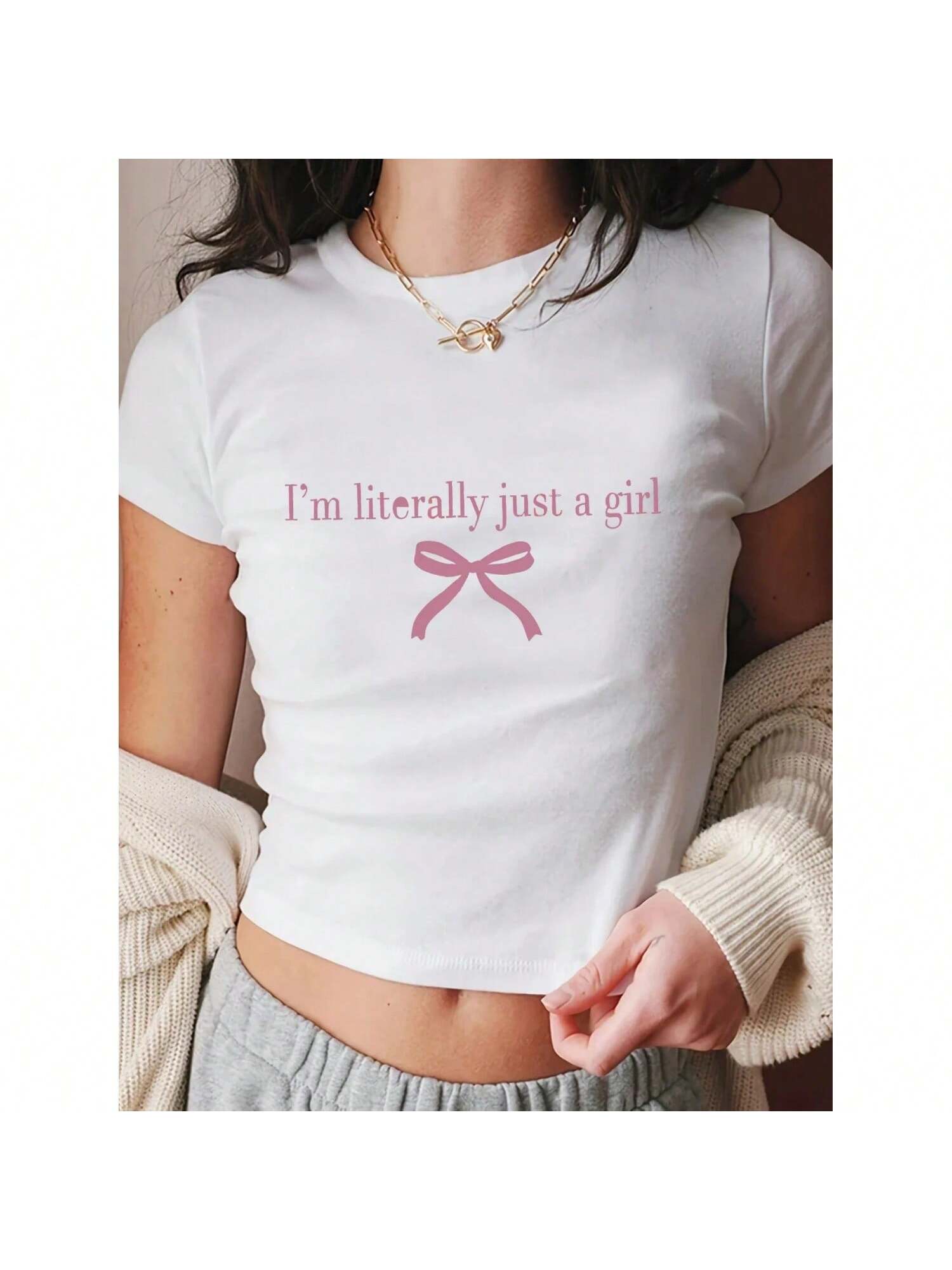 Wounisex Summer Slogan Bow Detail-Knot Print Round Neck Short Sleeve Casual T-Shirt S разноцветный