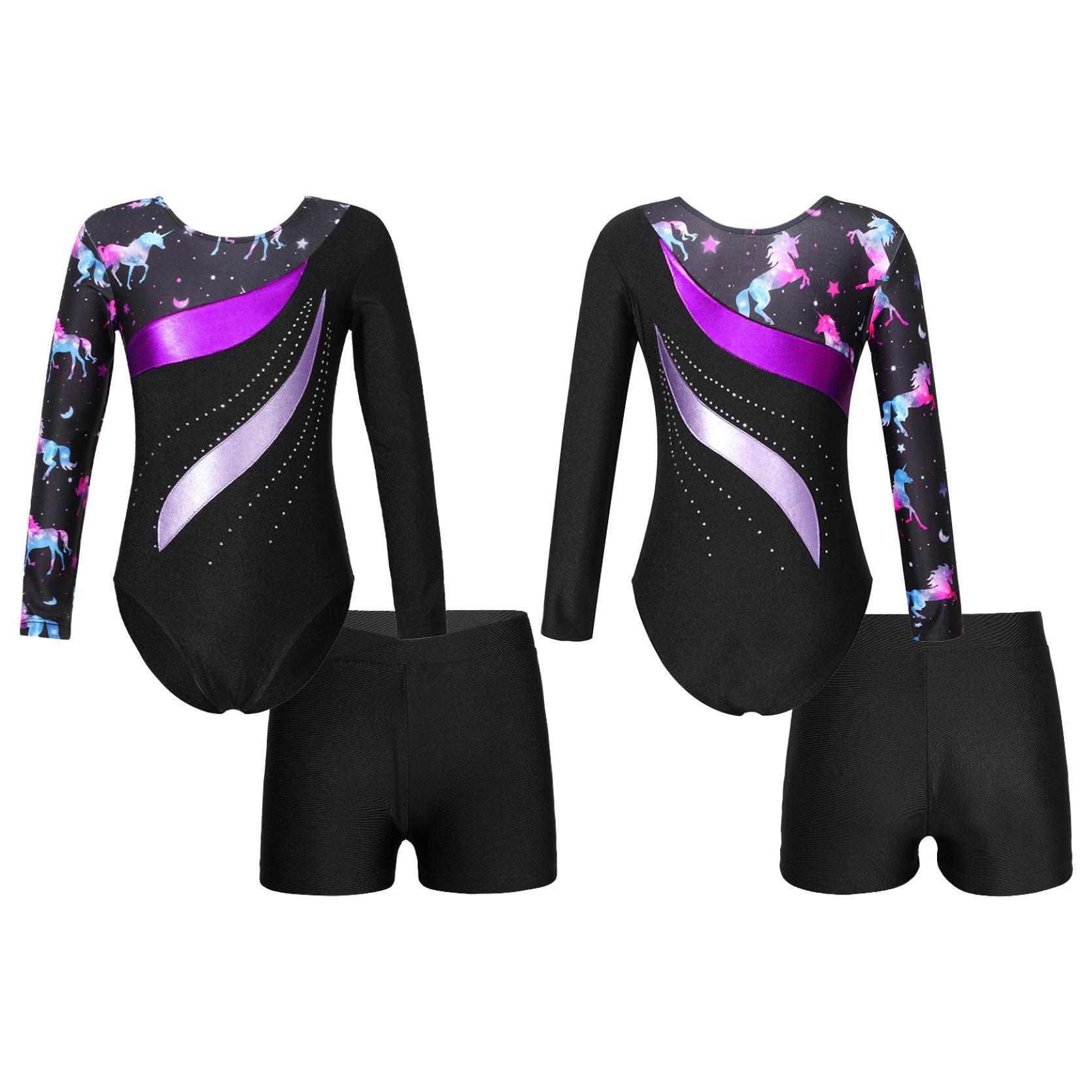 IEFiEL Kinderen meisjes lange mouw ronde hals glanzende strass decor turnpakje met shorts voor dans gymnastiektraining 7-8 Years paars/zwart