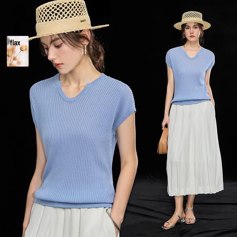 French Style Tencel Linen Ribbed Knit V-Neck Top L