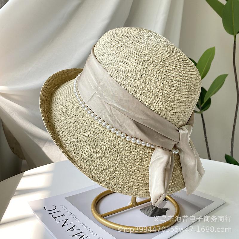 French celebrity style flat top top hat new summer elegant pearl straw seaside sun hat children