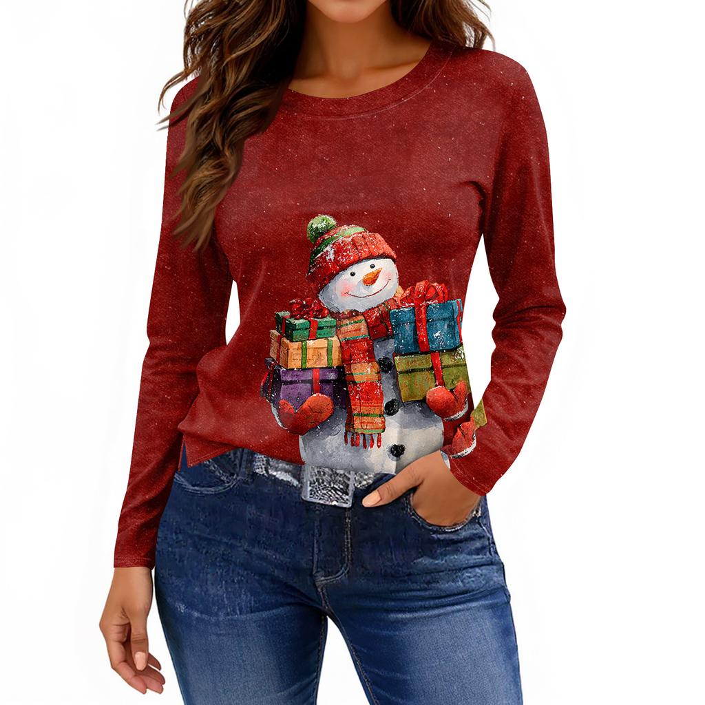 Women's Fashion Casual Slit Hem Round Neck Long Sleeve Loose Printed T-Shirt Ladies Top