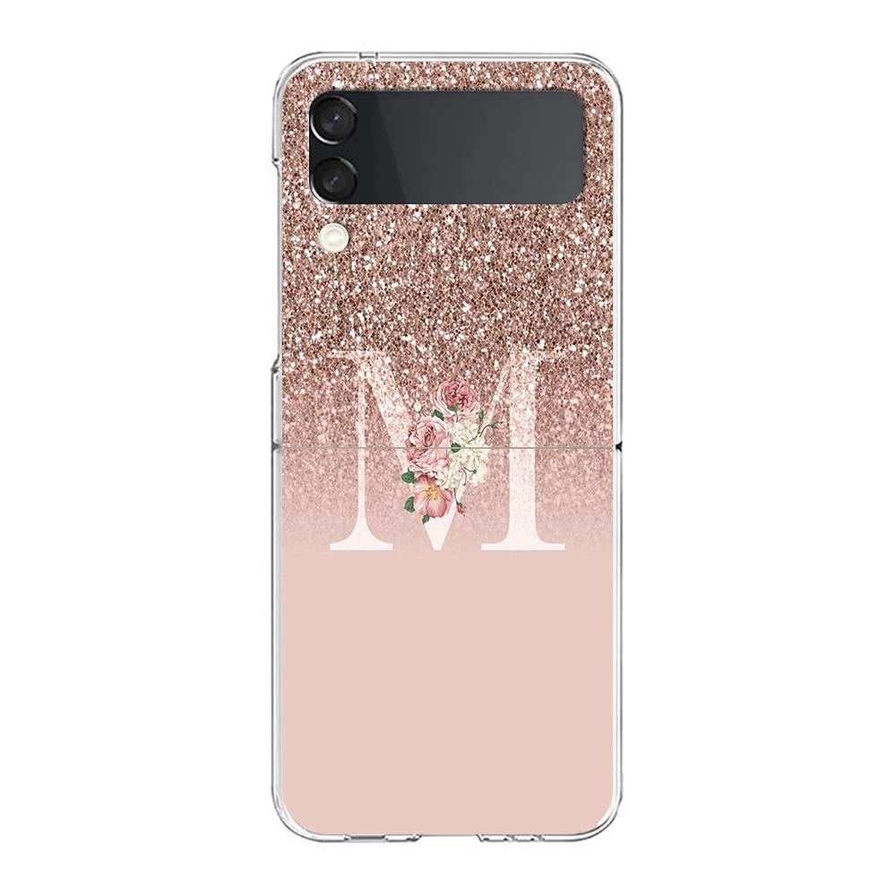 Letter Pink Shiny M R Phone Case For Samsung Galaxy Z Flip 3 4 5 Hard Folding Clear PC Bumper For Samsung Z Flip 6 Cover