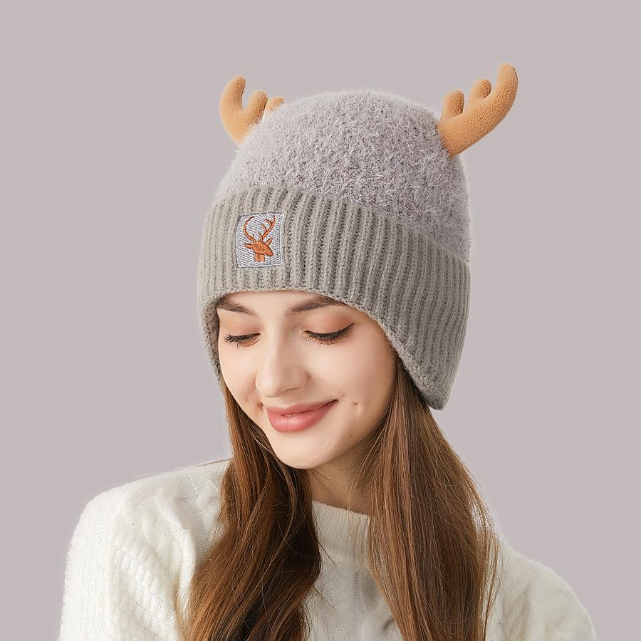 Knitted Hat Women's Stitching Antler Ear Protection Thick Warm Hat Women's Winter Wool Hat
