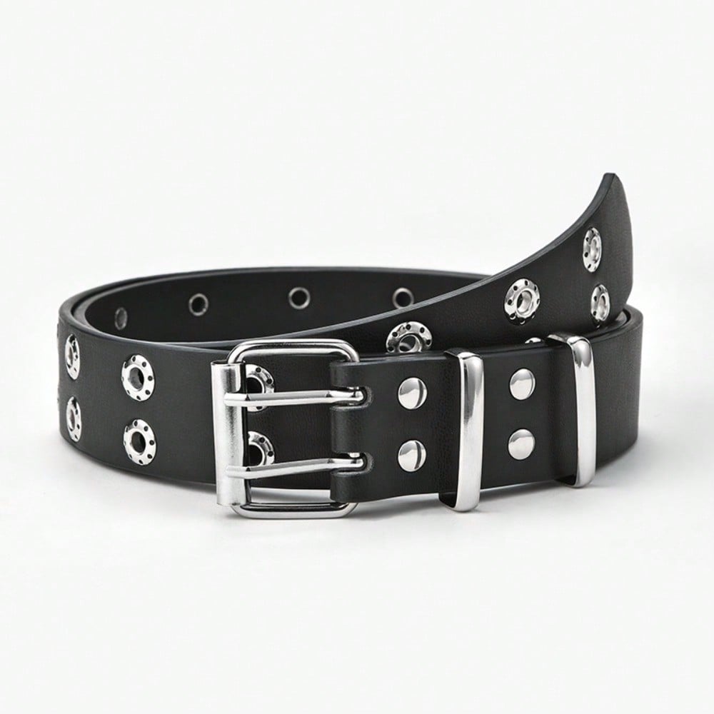 Ceinture à boucle de cornhole à double rangée de trous européenne et américaine, mode féminine, boucle à double ardillon, décoration décontractée, ceinture à œillets d'air ajourée noir