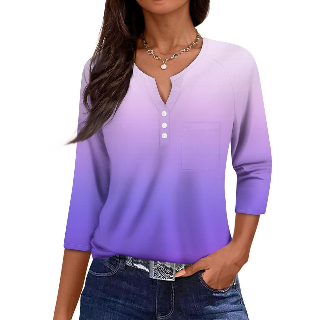 Ladies Casual Fashion V-neck Loose Versatile Gradient Print Three-quarter Sleeves