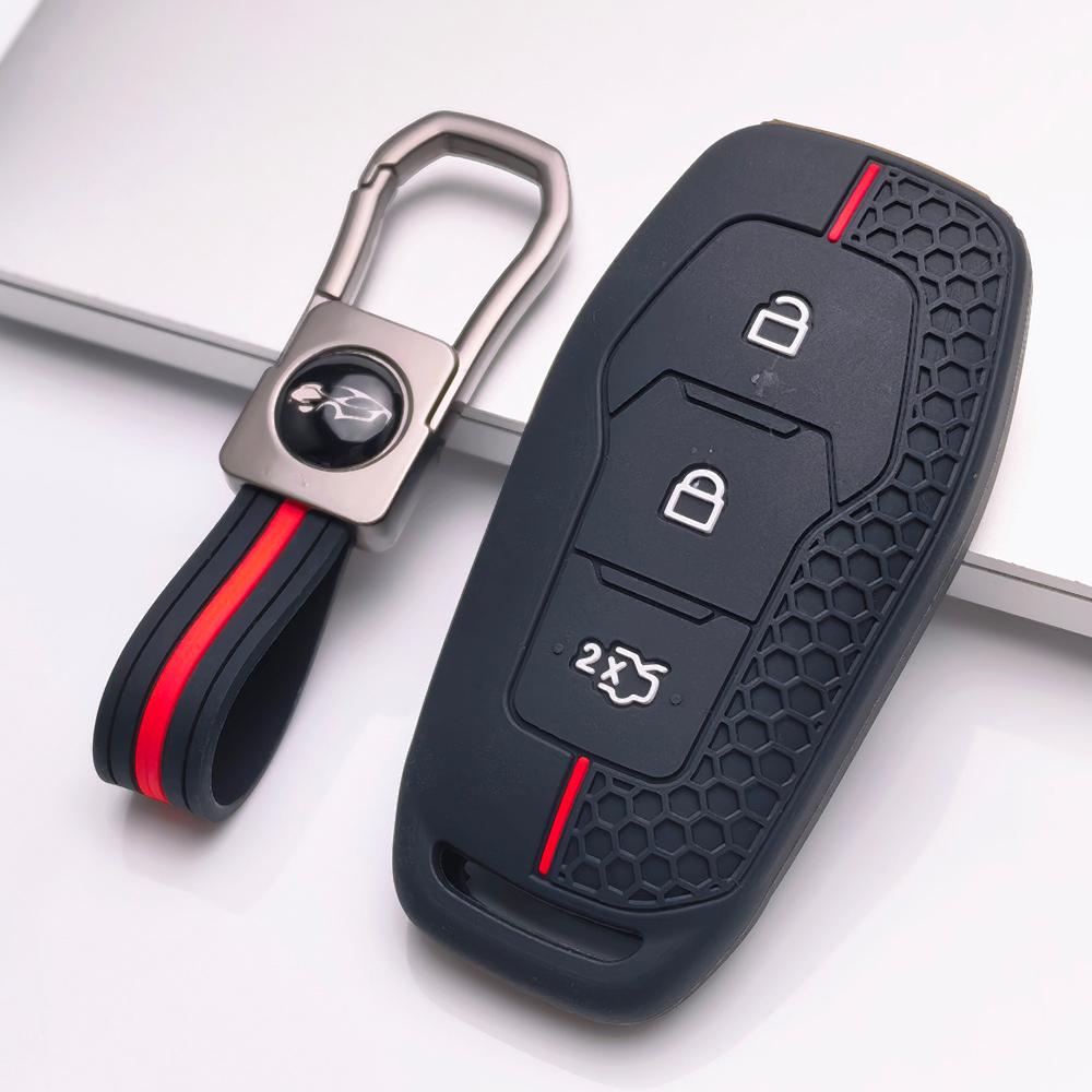 Silicone Key Cover with Keychain for Ford 3 Button Smart Key, Fits Ford Focus Mondeo Kuga Escape MK4 Mustang Against Non-Slip Honeycomb Grip