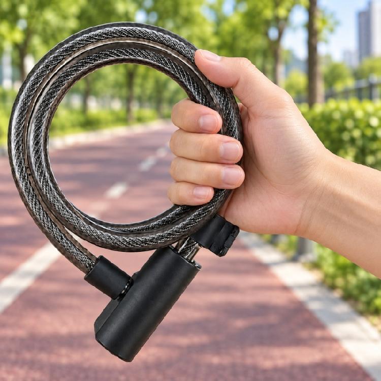 Flexible Coiled Cable Lock for Bikes with Integrated Key Lock Body and PVC-Sleeved Steel Line for Routine Parking