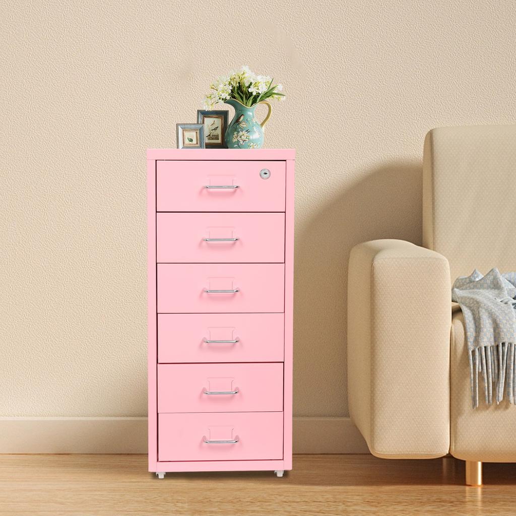 Vertical File Cabinet with 6 Tiers, 2 Keys, Lockable Metal Storage Organizer on Wheels, Pink Furniture for Document Organization