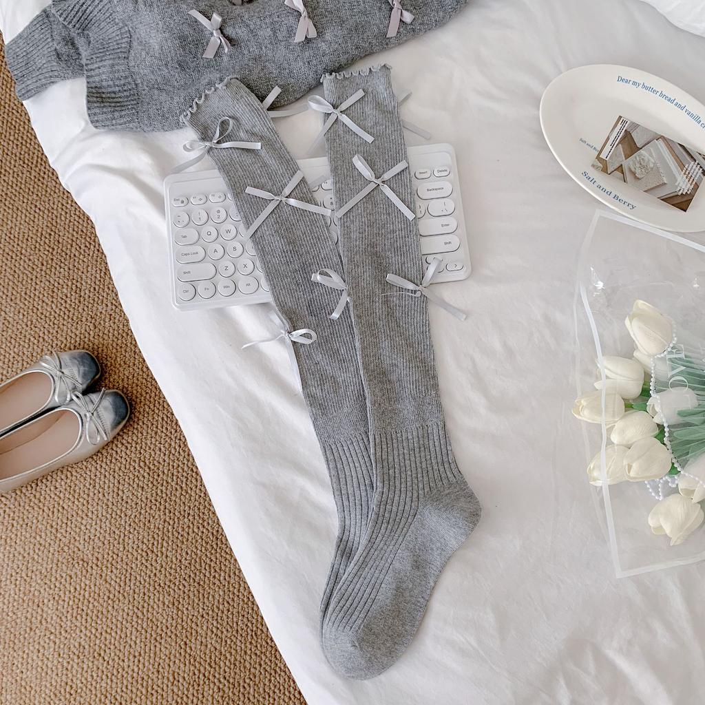 In The Early Autumn Of 2025, New Products, Fungus Edge Calf Socks, Bow Splicing, High Tube Solid Color Jk Knee Socks, Stacking Socks