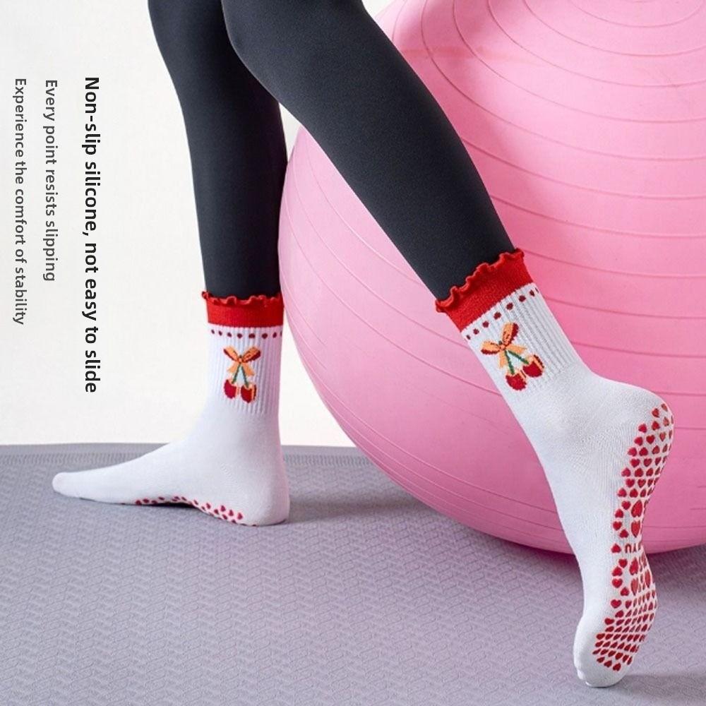 Cotton Pilates Socks Breathable Mid Tube Socks New Cherry Embroidery Socks