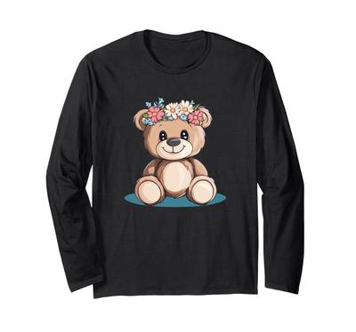 Cute Teddy Bear Ready for a Floral Adventure Long Sleeve T-Shirt