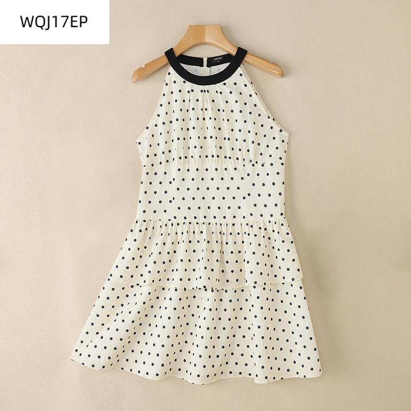 

Women Summer Sleeveless Polka Dots Slim Waist Ruffled Pleated Dress 2XL абрикосовий
