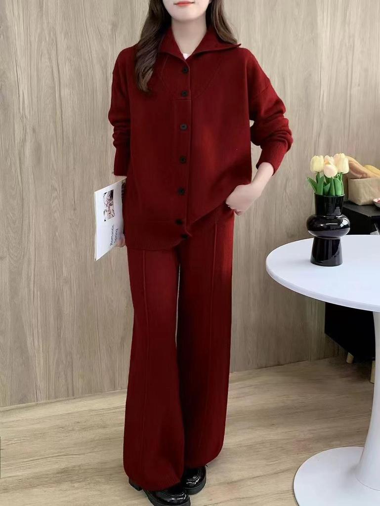 Korean Casual Knit Sweater & Wide-Leg Pants Two-Piece Set for Women