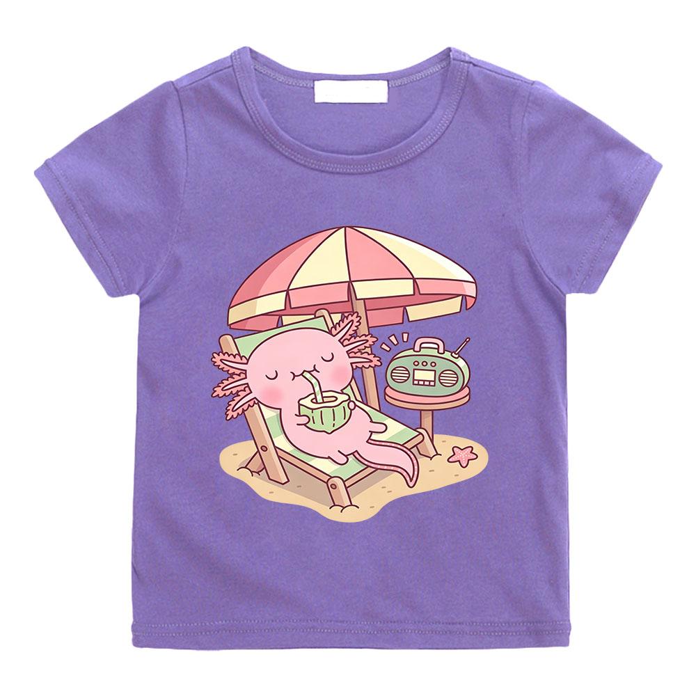Cute Axolotl Children's T-shirts 100%cotton Drinking Coconut Water on The Beach  Funny Print Short Sleeve Boys Girls Tees Anime T-shirt Summer clothes