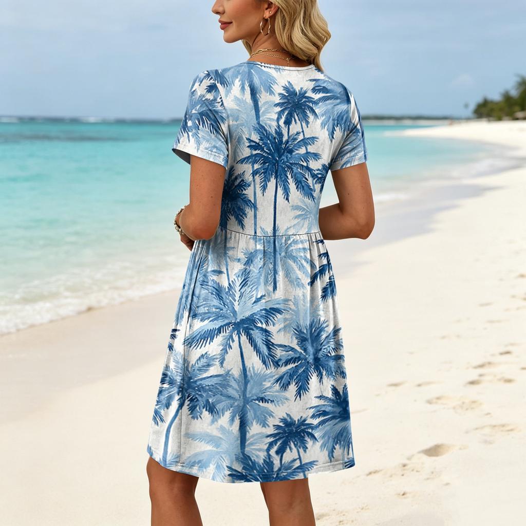 Women Short Sleeve Floral Print Casual Dress Round Neck Waist Tie Pocket Summer Beachwear Sundress
