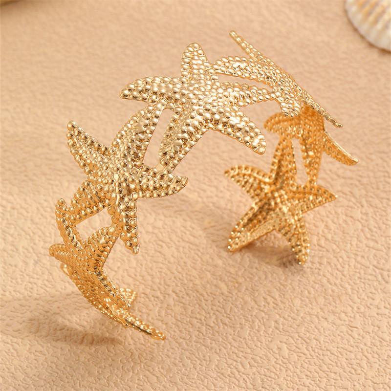 Style Metal Flower Open Bracelet With Starfish Charm For Women Summer