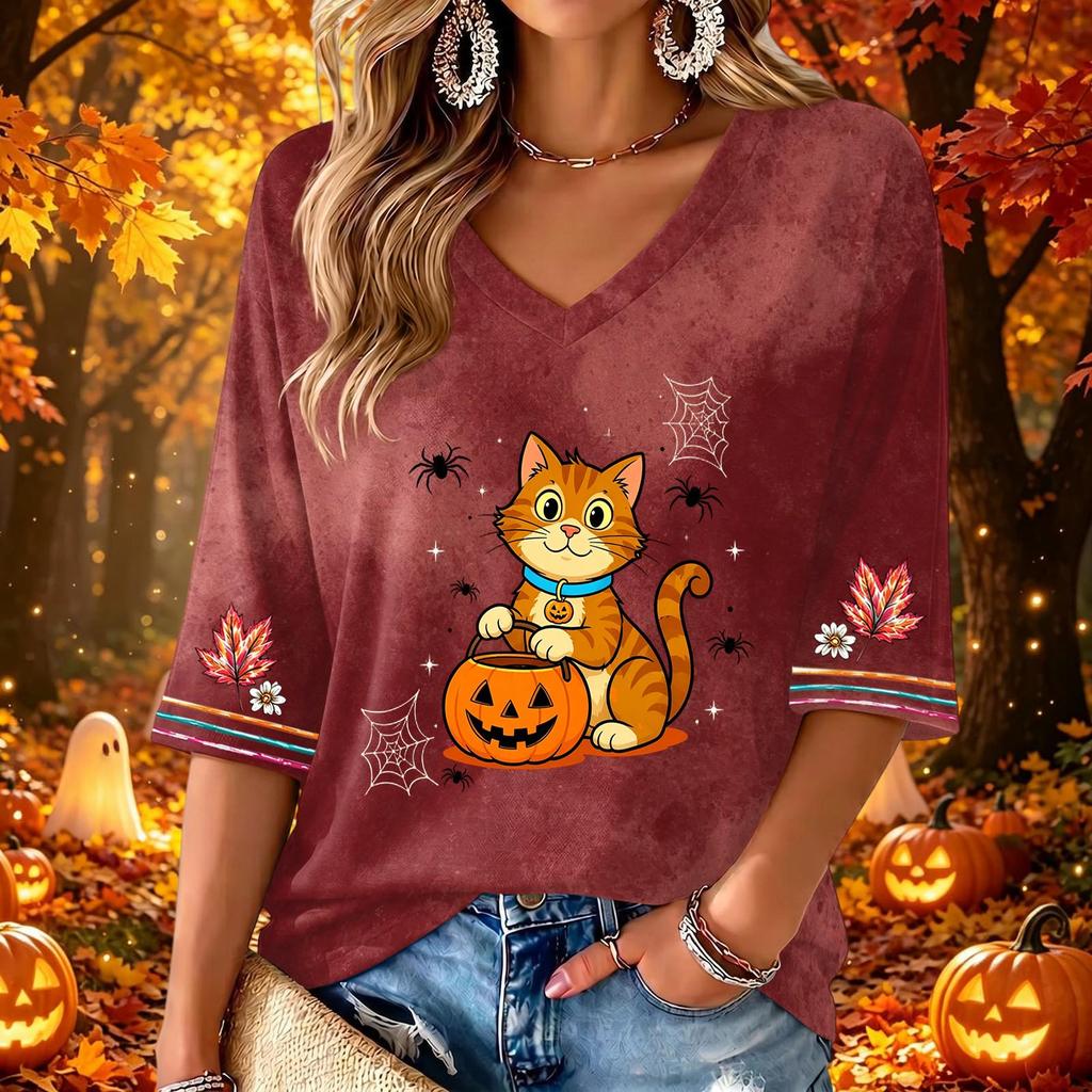 Women's Casual V-Neck Halloween Print Three-Quarter Sleeve Blouse for Halloween Party