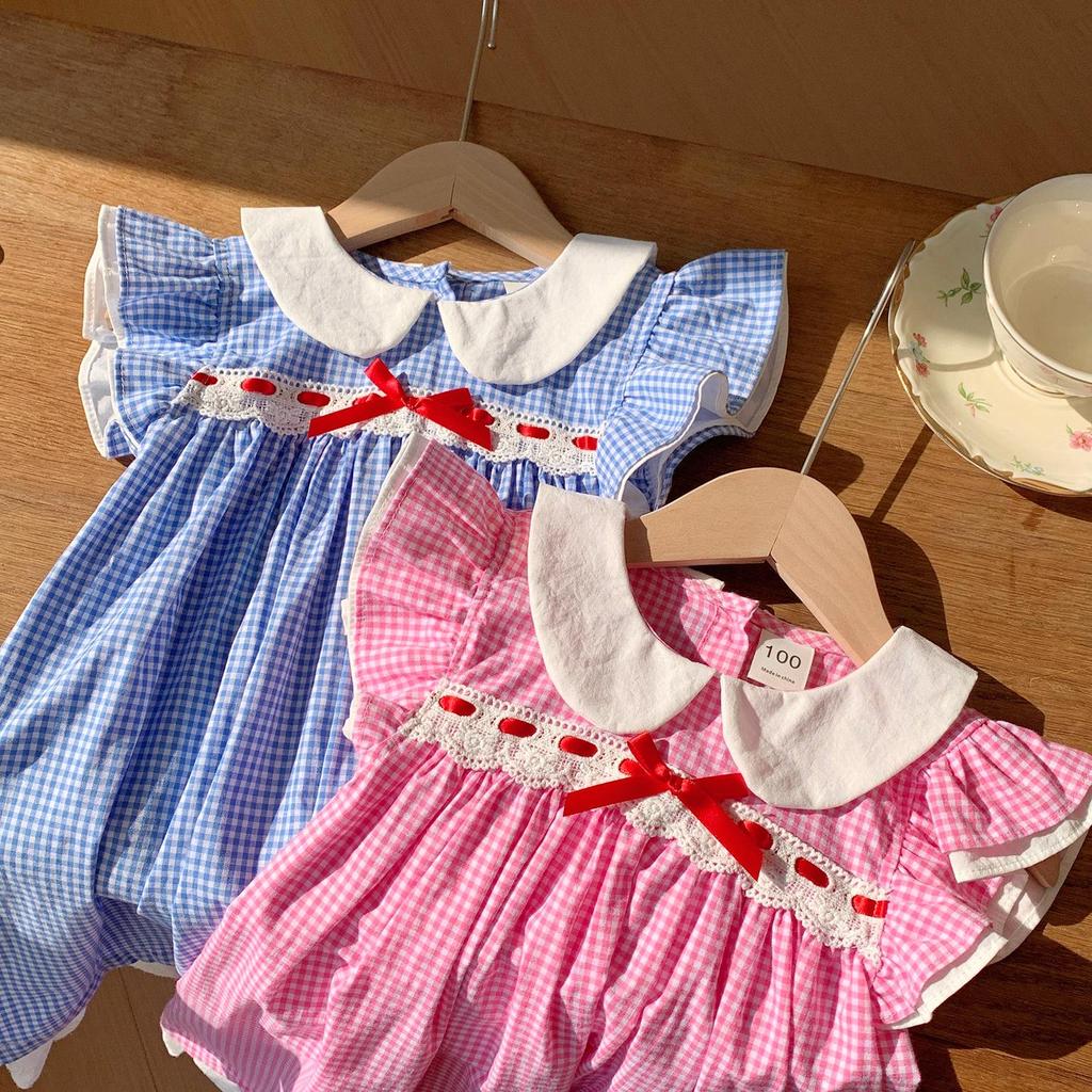 Plaid Princess Dress with French Doll Collar, Lace Trim, Flutter Sleeves, Bow, Summer 2026 Style for Girls.