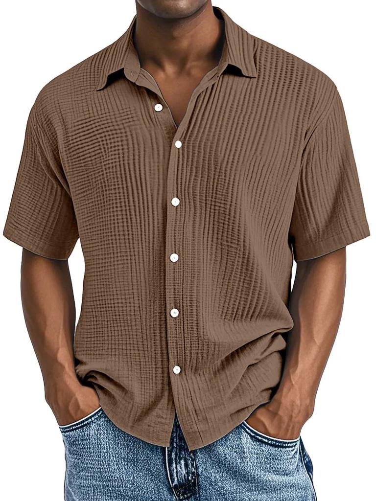 Men Light Blue Short Sleeve Button Down Shirt Casual Striped Linen Look Shirt