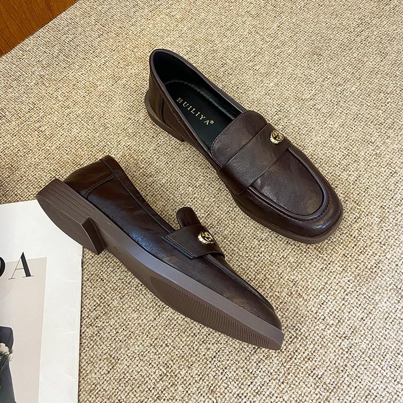 

X130-8 Виноградная мама Те же лоферы на платформе Камелия Женские Ретро Золотая пряжка Универсальный Толстый каблук Маленькие кожаные туфли Женские 40 коричневый