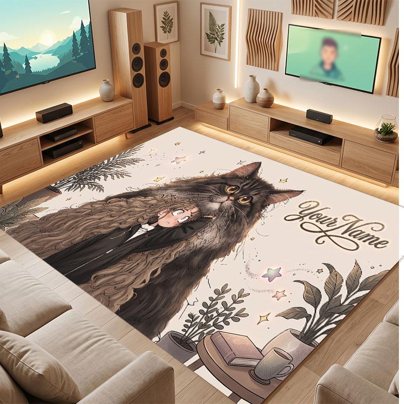 Cat Theme Crystal Velvet Floor Rug Personalized Custom Name Text Warm Carpet Home Decoration