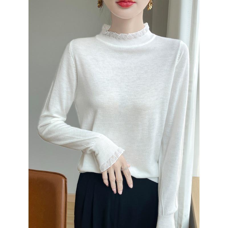 Semi-turtleneck fungus edge lace splicing knitted sweater women's autumn and winter new sweater inner and outer wear bottoming shirt thin