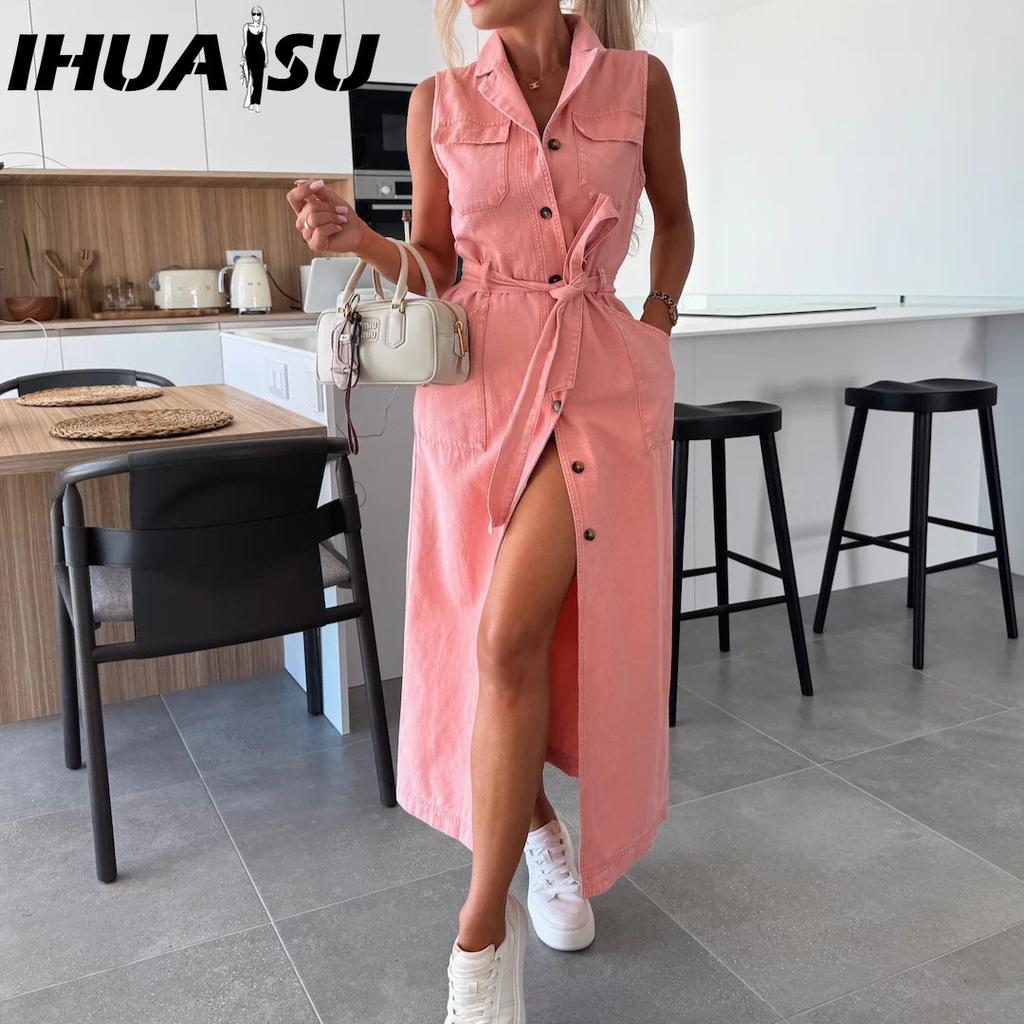 IHUASU Dlouhé džínové šaty bez rukávů s výstřihem do V, šněrováním v pase a jednořadým výstřihem