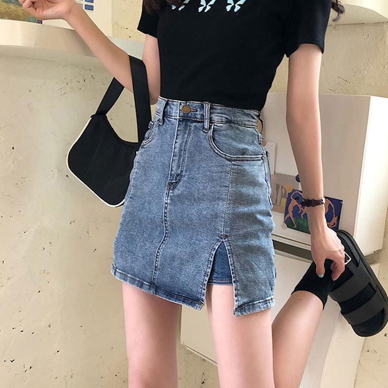 Unique Classic Versatile Youthful Design Split Skirt Slim Black Stretch High-Waisted Halter Package Hip A-word Ladies Summer Fashion Denim Short Skirt