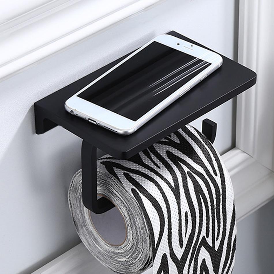 Paper Holder with Shelf Black Grey White Aluminum Bathroom Kitchen WC Paper Roll Rack with Phone Shelves Storage Tissue Holder