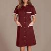 Women's Casual Workwear Solid Color V Neck Short Sleeved Button Pocket Loose Caregiver Dress