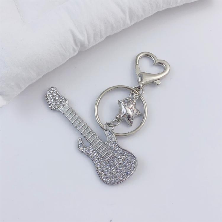 Guitar Pendant Keychain with Shimmering Stones Metal Keyring Sweet Cool Girls Key Chain Lightweight Jewelry for Bag
