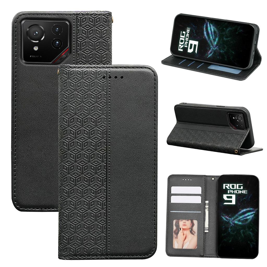 For Asus ROG Phone 9 5G Wallet Phone Case Strong Magnetic Checkered Pattern Imprint Leather Flip Cover