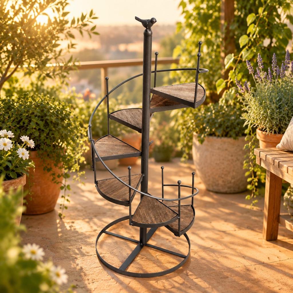 Spiral Stair Plant Stand Freestanding Iron with WoodGrain Shelves MultiTier for Balcony,
