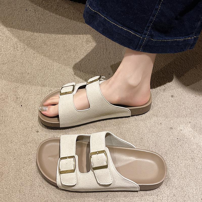 Fashion Litfun Women's Cork Sandals With Adjustable Buckle Fashion Women's Platform Slides Designed Leisure Women's Summer Flat Slippers